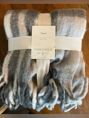 Threshold Striped Fringe Throw Blanket in Gray, Cream, Light Blue New with Tags